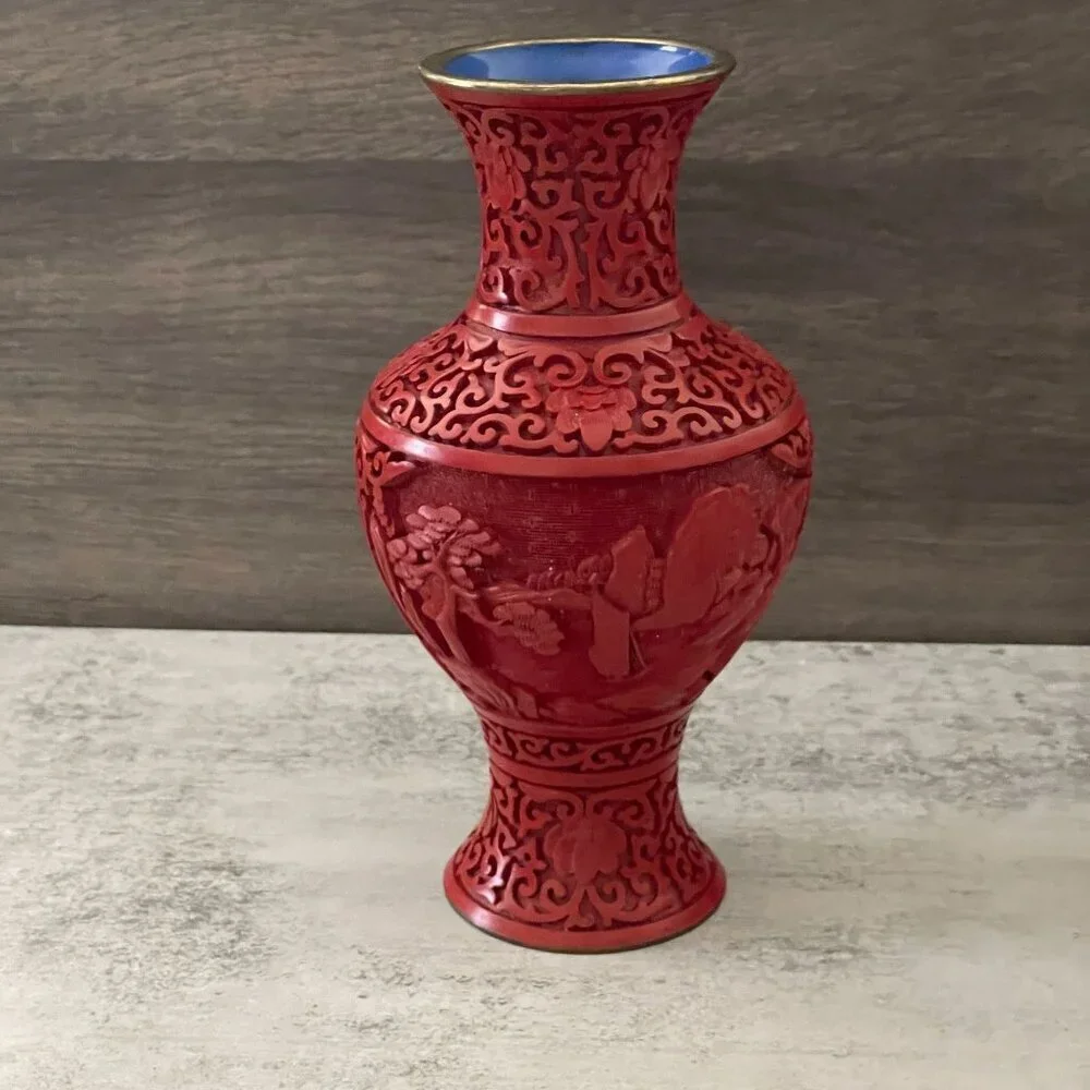 Vintage Red Cinnabar Blue Enamel Brass Hand Carved Lacquer Medium Vase 8.25